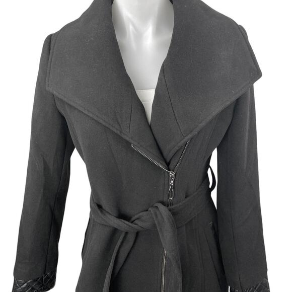 ASM Asmanto Black Zip Up Long Sleeve Wide Collar Belted Trench Coat Jacket Sz 8 - Picture 3 of 6